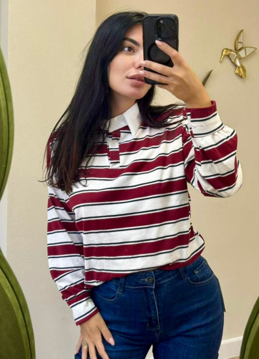 Maglia righe College colletto bianco